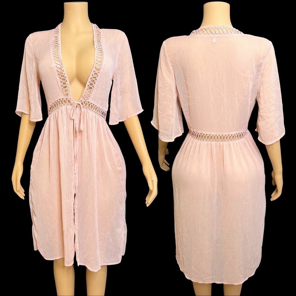 Pink Sheer Babydoll Lace Kimono Duster Cover Up Ethereal Fairycore Boho Size S